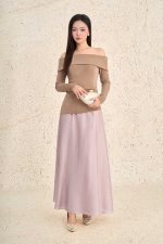 Fashionable off-the-shoulder, long-sleeved wool knitted T-shirt