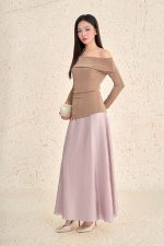 Fashionable off-the-shoulder, long-sleeved wool knitted T-shirt
