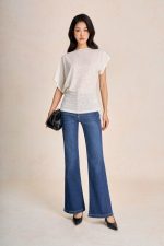 Floral wool knitted t-shirt with round neck, sleeves and hem