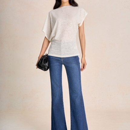 Floral wool knitted t-shirt with round neck, sleeves and hem