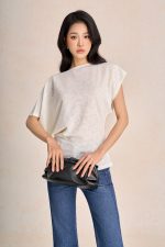 Floral wool knitted t-shirt with round neck, sleeves and hem