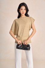 Floral wool knitted t-shirt with round neck, sleeves and hem