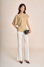 Floral wool knitted t-shirt with round neck, sleeves and hem
