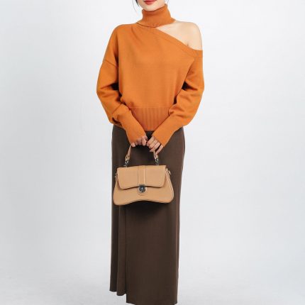 High-end fashion sweater with high neck, off-the-shoulder design