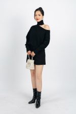 High-end fashion sweater with high neck, off-the-shoulder design