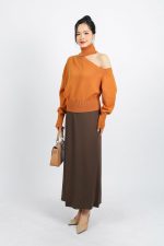 High-end fashion sweater with high neck, off-the-shoulder design