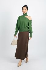 High-end fashion sweater with high neck, off-the-shoulder design