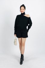 High-end fashion sweater with high neck, off-the-shoulder design