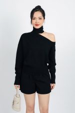 High-end fashion sweater with high neck, off-the-shoulder design
