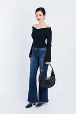 High-end fashion sweater with off-the-shoulder shape, flared sleeves and front zip