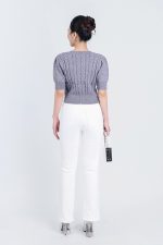 High-end fashion sweater with round neck, puffed sleeves and pearl-embellished body