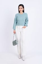 High-end fashion sweater with round neck, slightly puffed sleeves and buttoned front