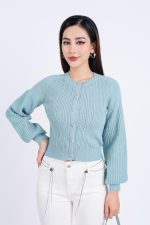 High-end fashion sweater with round neck, slightly puffed sleeves and buttoned front