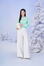 High-end fashion sweater with round neck, slightly puffed sleeves and buttoned front