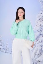 High-end fashion sweater with round neck, slightly puffed sleeves and buttoned front