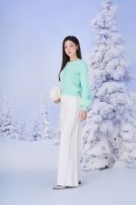High-end fashion sweater with round neck, slightly puffed sleeves and buttoned front