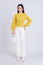 High-end fashion sweater with round neck, slightly puffed sleeves and buttoned front