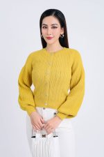 High-end fashion sweater with round neck, slightly puffed sleeves and buttoned front