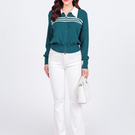 High-end fashion sweater with straight German collar and chest pattern, horizontal striped hem, elastic waistband, front closure