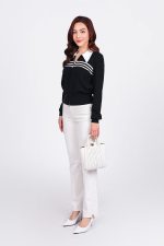 High-end fashion sweater with straight German collar and chest pattern, horizontal striped hem, elastic waistband, front closure