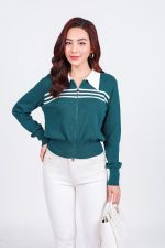 High-end fashion sweater with straight German collar and chest pattern, horizontal striped hem, elastic waistband, front closure