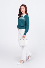 High-end fashion sweater with straight German collar and chest pattern, horizontal striped hem, elastic waistband, front closure