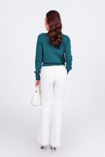High-end fashion sweater with straight German collar and chest pattern, horizontal striped hem, elastic waistband, front closure