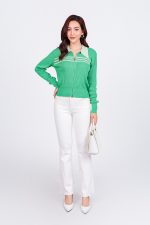 High-end fashion sweater with straight German collar and chest pattern, horizontal striped hem, elastic waistband, front closure