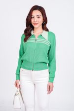 High-end fashion sweater with straight German collar and chest pattern, horizontal striped hem, elastic waistband, front closure