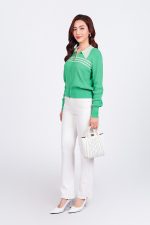 High-end fashion sweater with straight German collar and chest pattern, horizontal striped hem, elastic waistband, front closure