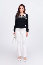 High-end fashion sweater with straight German collar and chest pattern, horizontal striped hem, elastic waistband, front closure