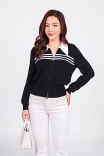 High-end fashion sweater with straight German collar and chest pattern, horizontal striped hem, elastic waistband, front closure