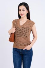 High-end fashion sweater with V-neck mesh vest and tight hem