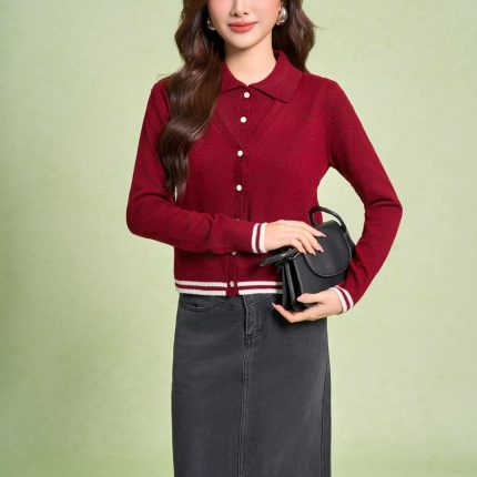 High-end sweater with V-neck, long sleeves, and striped hem to create a button-front style