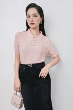High-quality knitted sweater with German collar and buttoned sleeves, fashionable fitted hem