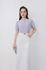 High-quality knitted sweater with German collar and buttoned sleeves, fashionable fitted hem