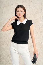 High-quality knitted sweater with loose shape, turn-down sleeves, fashionable stone-embellished collar, stylish elastic hem