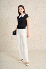 High-quality knitted sweater with loose shape, turn-down sleeves, fashionable stone-embellished collar, stylish elastic hem