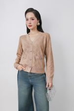 High-quality knitted sweater with V-neck, plaid pattern, and fashionable stone buttons with pockets