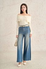 High-quality ribbed wool sweater with fashionable off-the-shoulder design