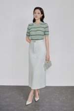 High-quality sweater with round neck, short sleeves, fashionable elastic hem