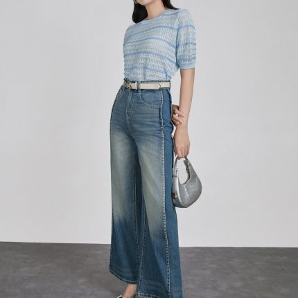 High-quality sweater with round neck, short sleeves, fashionable elastic hem