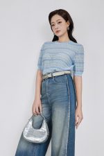 High-quality sweater with round neck, short sleeves, fashionable elastic hem
