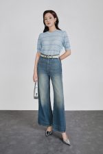 High-quality sweater with round neck, short sleeves, fashionable elastic hem