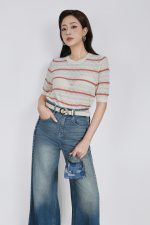High-quality sweater with round neck, short sleeves, fashionable elastic hem