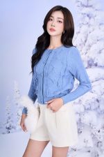 High quality sweater with short round neck and fashionable fringed hem, buttoned front