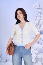 High-quality sweater with V-neck, short sleeves, slightly puffed body with pearl buttons, fashionable elastic hem