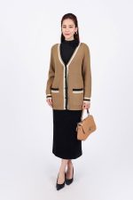 High-quality wool cardigan with deep V-neck and fashionable striped pockets
