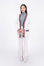 High-quality wool cardigan with deep V-neck and fashionable striped pockets