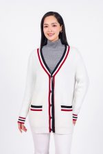 High-quality wool cardigan with deep V-neck and fashionable striped pockets